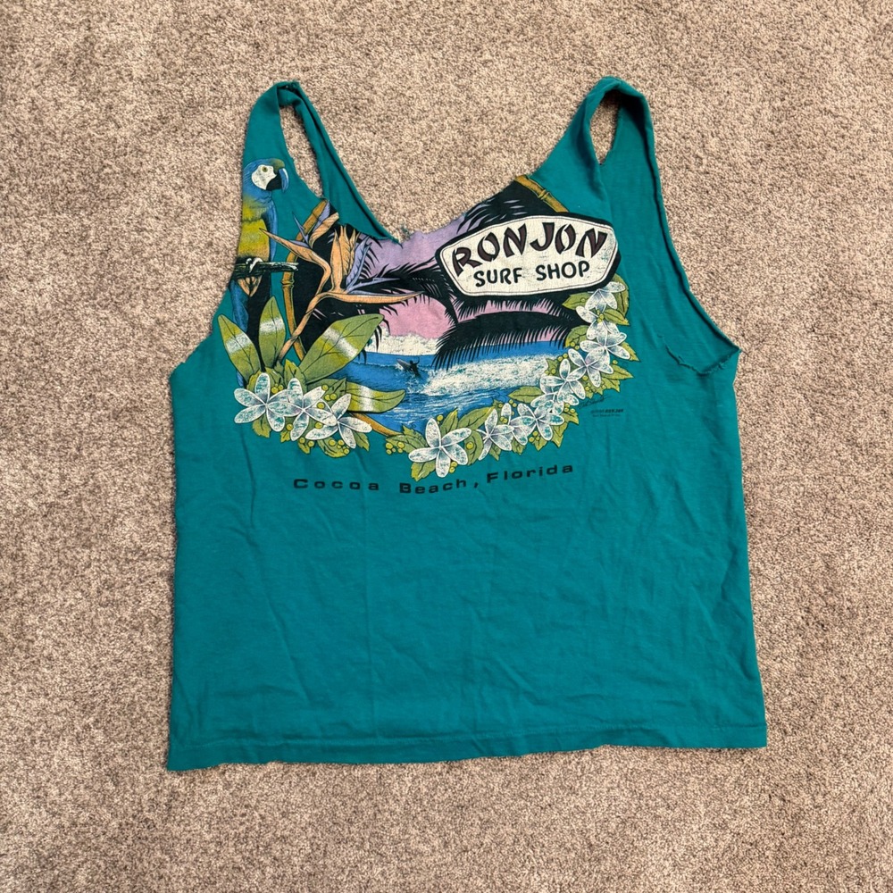 Vintage 1988 Ron Jon Surf Shop Cocoa Beach Florida Cut Off Tank Top Teal Large